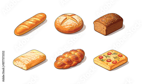 Artisan Bread Icons. Artisan bread. Isometric flat vector icons set of artisan bread: baguette, sourdough loaf, rye bread, ciabatta, braided challah, focaccia.