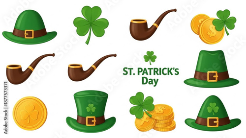 St. Patricks Day Icons with Green Hats, Shamrocks, Gold Coins and and Pipes