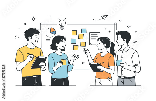 Creative Office Collaboration. Collaborative office teamwork. Young professionals exchanging ideas and notes while standing near a board. Open communication,