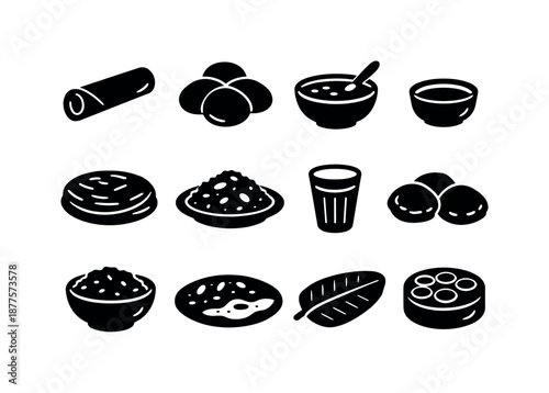 Indian Breakfast Icons. Indian breakfast. Solid icon set of Indian breakfast: dosa, idli, sambar bowl, chutney cup, paratha, poha plate, chai glass, puri, upma