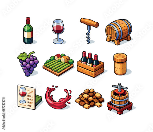 Wine Icons Collection. Wine. Colorful isometric vector icons set of wine: wine bottle, wine glass, corkscrew, wine barrel, grape bunch, vineyard rows, wine