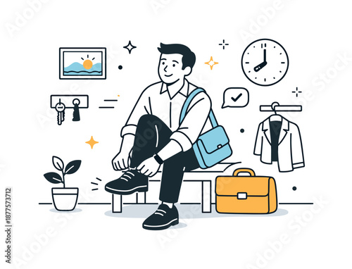 Morning Departure Prep. Morning routine ready to go. Person putting on shoes or grabbing a bag near the door, confident posture. Smooth transition from home to