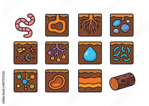 Underground Ecosystem Icons. Underground life. Colorful isometric vector icons set of underground life: earthworm, mole tunnel, roots network, buried stones,