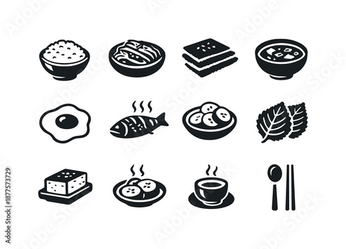 Korean Breakfast Icons. Korean breakfast. Solid icon set of Korean breakfast: rice bowl, kimchi dish, seaweed strips, soybean soup, fried egg, grilled fish,