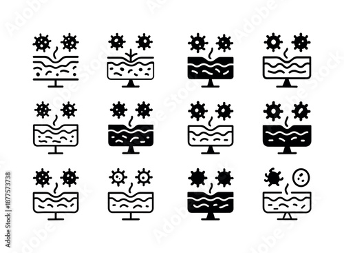 Skin Function Icons. The function of the skin. Icon set. Set Logo of The function of the skin: skin microbiome balance. harmonious logo variations of the same