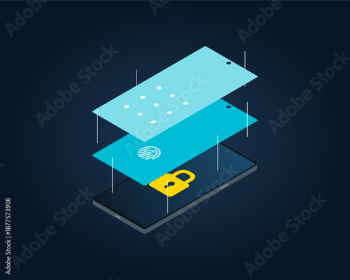 Isometric smartphone multi-layer security system. Vector 3D exploded view illustration of mobile phone with padlock, fingerprint, and pattern lock for cyber data protection concept.