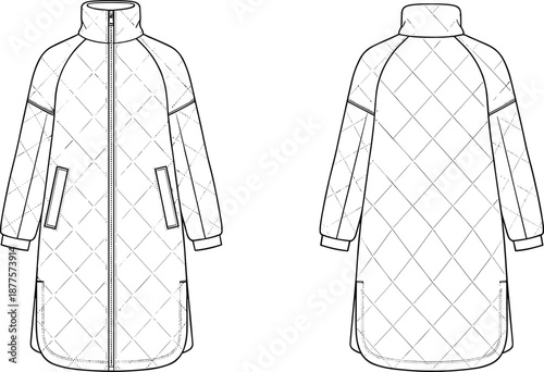 Quilted long coat technical sketch, Front and back view quilted jacket, Fashion flat of diamond quilted coat