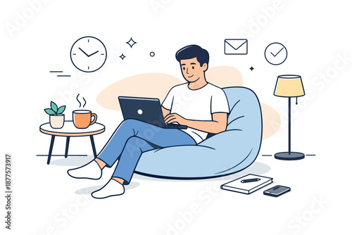 Flexible Modern Workspace. Flexible work environment. Professional working comfortably with a laptop and coffee, combining focus and ease. Relaxed modern mood