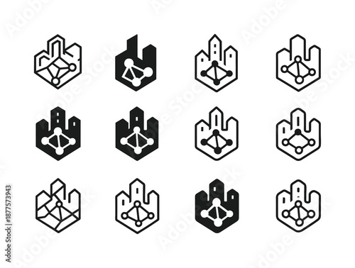 Smart City Icons. smart city developments. Icon set. Set Logo of smart city developments: IoT network nodes over city map. harmonious logo variations of the