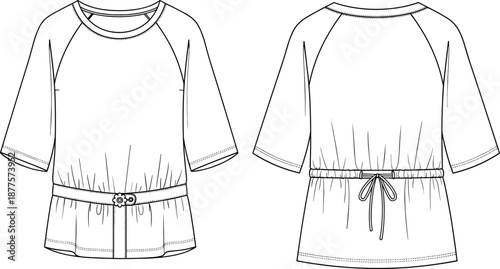 Raglan sleeve top with floral belt, Fashion flat of gathered waist blouse, Front and back view women's top