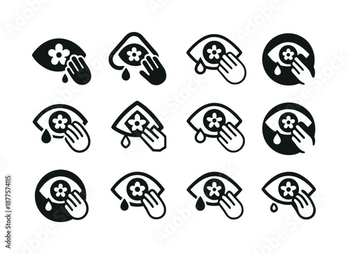 Spring Allergy Icons. Spring allergies. Icon set. Set Logo of spring allergies: itchy eye icon. harmonious logo variations: Flat solid, Iconic shape, Minimal