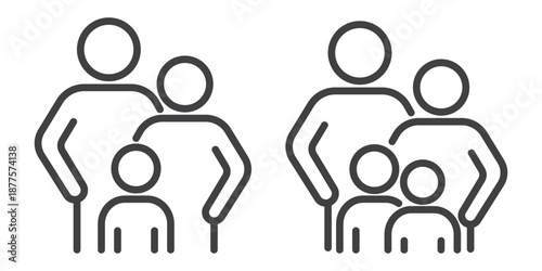 Family line icon set isolated on a transparent background, featuring parents with a child or children. Editable stroke symbols suitable for family, parenting, childcare, and lifestyle design projects.