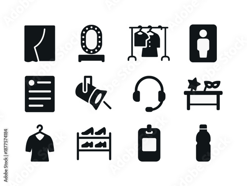 Backstage Icon Set. Performers backstage. Solid icon set of Performers backstage: curtain edge, makeup mirror, costume rack, dressing room sign, stage cue