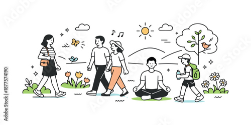 Springtime Joy. Celebrate life in springtime. A clean scene showing people enjoying a sunny spring day, walking among flowers and fresh greenery. The