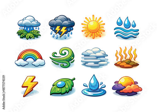 Jungle Weather Icons. jungle weather. Colorful isometric vector icons set of jungle weather: tropical rain, storm cloud, sunburst, humid air icon, rainbow arc,