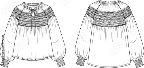 Smocked blouse technical sketch with ruffle neckline, Fashion flat of voluminous sleeve top, Front and back view smocked blouse