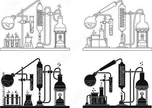Detailed Laboratory Distillation Apparatus Set Featuring Line Art and Silhouette Styles, Glassware Components, Heating Elements, and Bubbling Reactions