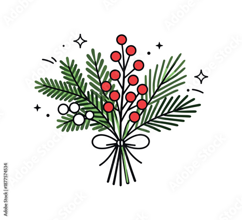 Winter Bouquet Illustration. Seasonal winter bouquet illustration. Clean composition of fir branches, pine needles, and berries tied with a simple ribbon,