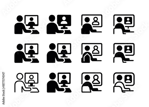 Virtual Meeting Logos. Daily work routine scenes. Icon set. Set Logo of Daily work routine scenes: joining virtual meeting. harmonious logo variations of the