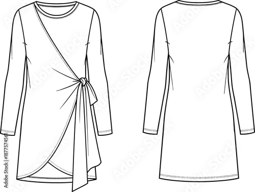 Asymmetrical tunic dress technical sketch, Fashion flat of draped overlay dress, Front and back view tunic illustration