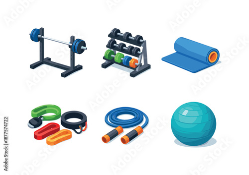 Colorful Gym Equipment Grid. Gym setup. Isometric flat vector icons set of gym setup: squat rack with barbell, dumbbell rack with multiple weights, yoga mat