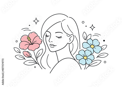 Floral Woman Line Art. Women with Flowers Line Art. Minimal portrait of a woman framed by blooming flowers, lines flowing smoothly between face and petals.