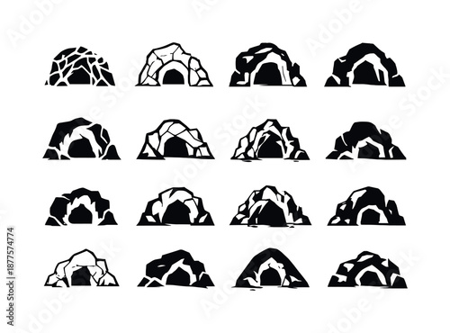 Cavern Logo Collection. Caves and caverns. Icon set. Set Logo of Caves and caverns: rock fragments. harmonious logo variations of the same emblematic concept,