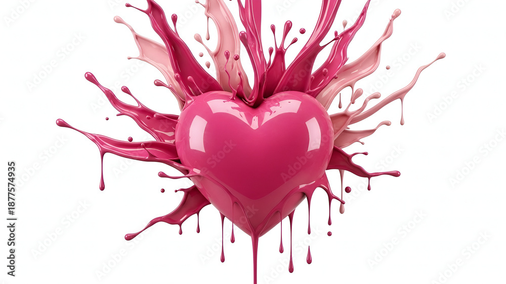 Obraz premium chocolate heart with chocolate, heart shaped chocolate splash, Glossy Pink Heart with Dynamic Liquid Paint Splashes and Drips