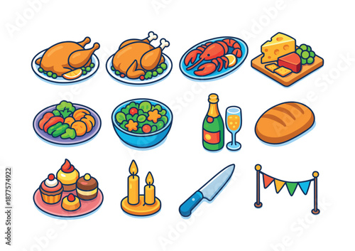 Grand Feast Icons. Grand feast. Colorful isometric vector icons set of grand feast: roast duck, stuffed turkey, seafood platter, gourmet cheese board, roasted