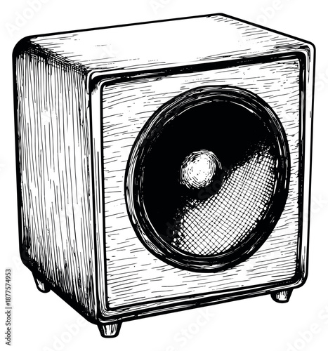 Hand drawn line art illustration of an audio speaker depicting sound output for music and entertainment