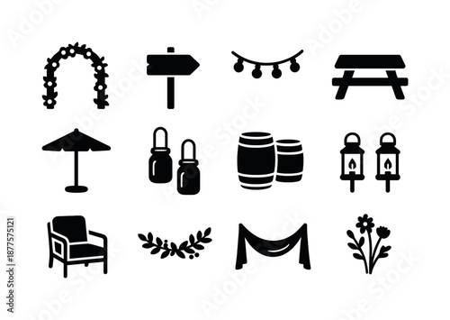 Outdoor Wedding Icons. Outdoor wedding decor. Solid icon set of outdoor wedding decor: garden arch, wooden sign, string lights, picnic table, parasol umbrella,