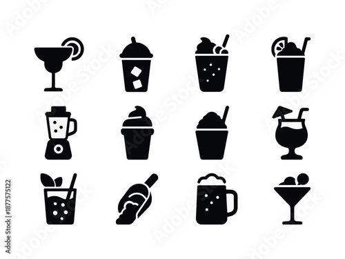 Frozen Drink Icons. Frozen party drinks. Solid icon set of frozen party drinks: frozen margarita, slush cup, blended berry drink, frozen lemonade, ice blender,