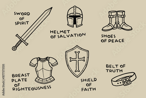 Armor of God Vector illustration. Sword of the Spirit, helmet of salvation, shield of faith. Christian faith symbols, Bible teaching art for worship, study, encouragement.