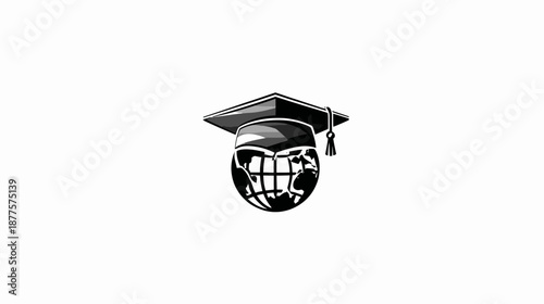 A graduation cap atop a globe in black and white, representing global education