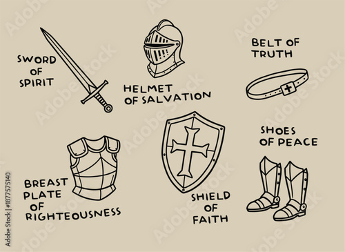 Armor of God Vector illustration. Sword of the Spirit, helmet of salvation, shield of faith. Christian faith symbols, Bible teaching art for worship, study, encouragement.