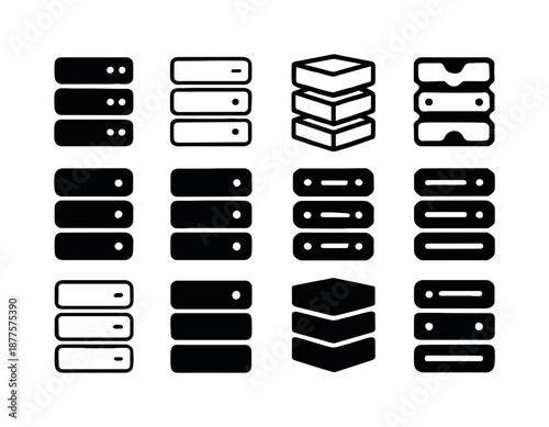 Tech Startup Logos. Tech startups. Icon set. Set Logo of tech startups: data server stack. harmonious logo variations of the same emblematic concept, each with