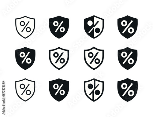 Interest Rate Icons. Interest rates and bonds. Icon set. Set Logo of Interest rates and bonds: shield with interest symbol. harmonious logo variations of the