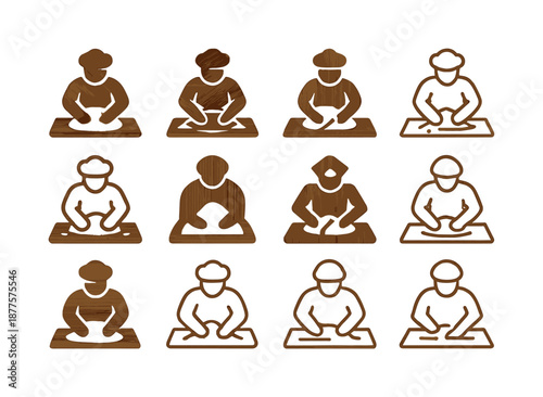 Baker Logo Variations. A baker kneading dough by hand on a flour-covered surface. Icon set. Set Logo of a baker kneading dough by hand on a flour-covered