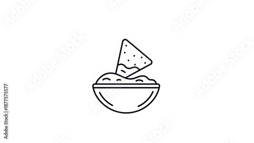 Minimalist line art icon of a tortilla chip dipping in a bowl of salsa. Mexican food snack and appetizer symbol isolated on a white background