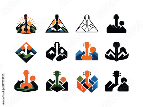 Indie Music Logos. Indie music. Icon set. Set Logo of indie music: band poster motif. harmonious logo variations of the same emblematic concept, each with