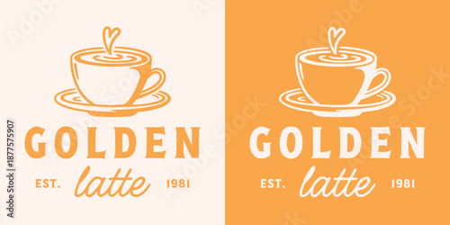 Golden latte logo turmeric milk label sticker for spice mix packaging design yellow retro vintage aesthetic. Healthy wellness warm drink superfood beverage foam art cup drawing printable vector print.