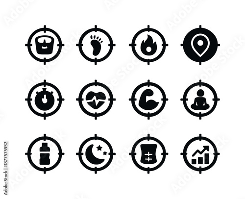 Fitness Goal Icons. Fitness targets. Solid icon set of fitness targets: weight goal, step counter, calorie target, distance marker, workout timer, heart-rate