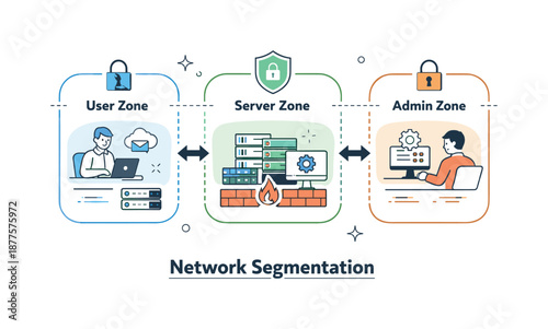 Network Security Zones. Network segmentation. Infrastructure divided into protected zones with clear boundaries and security icons, preventing