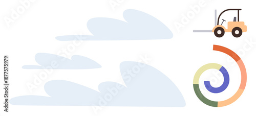 Logistics, automation, warehouse management, business design, modern development, industrial concepts. Minimal forklift design and colorful spiral graphic. Logistics and automation