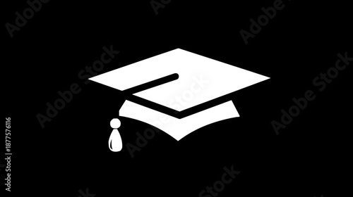 A white graduation cap with a tassel, set against a stark black background. Simple, elegant