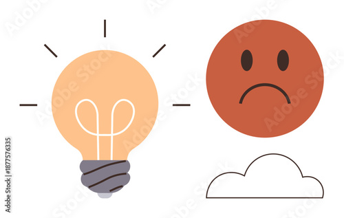 Problem-solving, emotional states, creativity, solutions, mental health, innovation. Light bulb with glowing effect beside a frowning face over a cloud. Creativity and emotional states