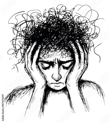 Hand drawn line art illustration of a person depicting a severe headache and mental distress for health and wellness concepts