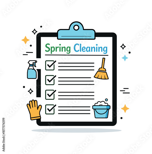Spring Cleaning Checklist Icon. Spring cleaning checklist icon. Simple clipboard with checkmarks and small cleaning symbols, expressing organization and