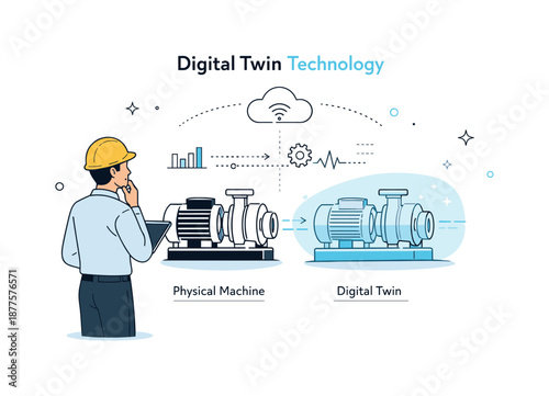 Engineer with Digital Twin. Digital twin technology overview. Engineer observing a virtual replica of a machine floating beside the physical object. Calm
