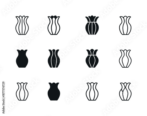 Flower Vase Logos. Tabletop flower vase. Icon set. Set Logo of tabletop flower vase: fluted porcelain vase. harmonious logo variations of the same emblematic